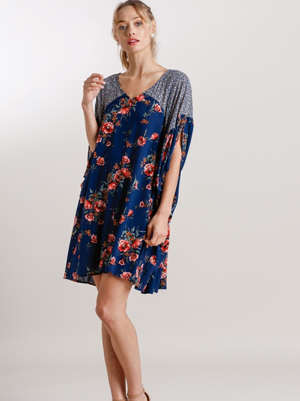 Umgee Navy Floral Dolman Batwing Mini Dress Boho Oversized NWT